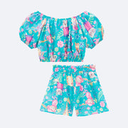 Conjunto Infantil Kukiê Cropped Floral Azul - costas co conjunto menina