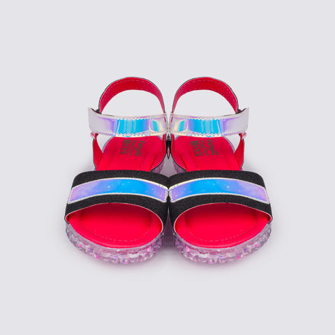 Sandália Papete Infantil Candy Glitter e Holográfica Preta e Pink - frente da sandália holográfica