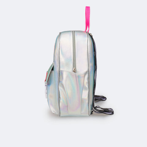 Mochila Feminina Tweenie Gorgurão Colorido e Holográfico Prata  - lateral com bolso aberto 