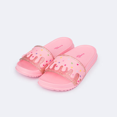 Chinelo Infantil Pampili Fun Glee Glitter Dourado Rosa Bebê - frente do chinelo com glitter