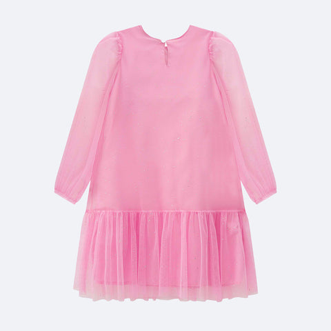 Vestido de Festa Infantil Kukiê Tule Brilho Rosa - costas vestido infantil rosa