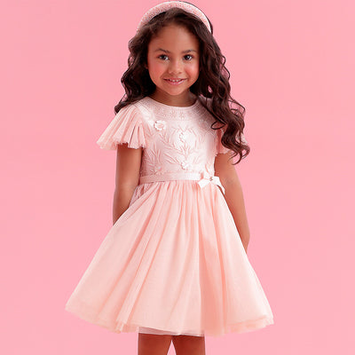 Vestido de Festa Petit Cherie Douce Vie Tule e Flores com Paetê Rosa - 2 a 6 Anos - frente do vestido de festa