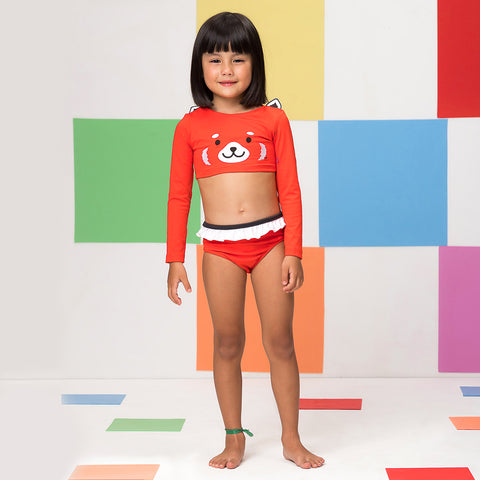 Biquíni Kids Cara de Criança Top Cropped Manga Longa Panda Vermelho - 1 a 8 anos - menina com o biquíni
