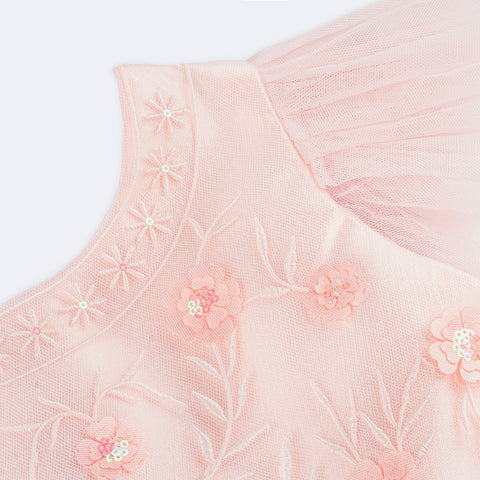 Vestido de Festa Petit Cherie Douce Vie Tule e Flores com Paetê Rosa - 2 a 6 Anos - vestido com bordado e flores