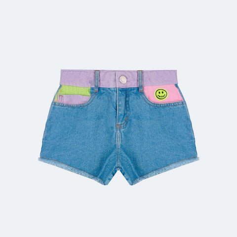 Short Jeans Feminino Infantil Vallen Azul e Colorido - frente do short infantil feminino