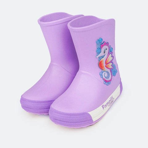 Bota Galocha Infantil Pampili Happy Glee Cavalo Marinho Lilás - frente bota infantil feminina