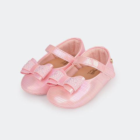Sapato de Bebê Pampili Nina Momentos Especiais Laço e Strass Holográfico Rosa - foto da parte superior rosa holográfico 