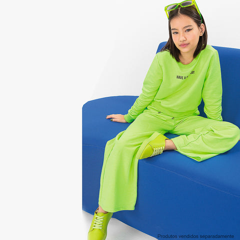 Calça Wide Leg Vic&Vicky Moletom Cordão Verde Neon - calça na menina