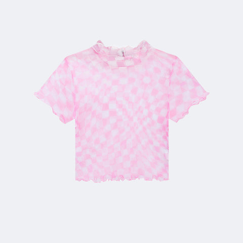 Camiseta Infantil Vic&Vicky Boxy Tule Xadrez Rosa Neon - costas camiseta de tule