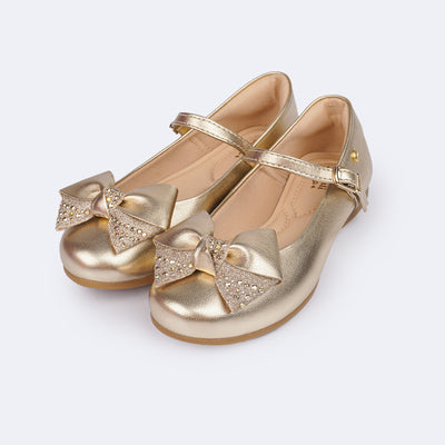 Sapato Infantil Pampili Angel com Laço Glitter Pedras Dourado - frente da spatilha infantil 