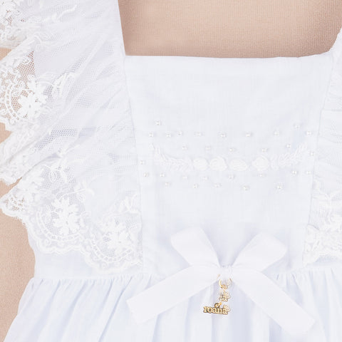 Vestido de Batizado Roana com Touca Rendas e Pérolas Branco - detalhes vestido de bebê