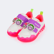 Tênis de Led Infantil Pampili Sneaker Luz Customizável Calce Fácil Monstrinho Branco e Colorido - Vem com 4 Patches - frente do tênis com olhos