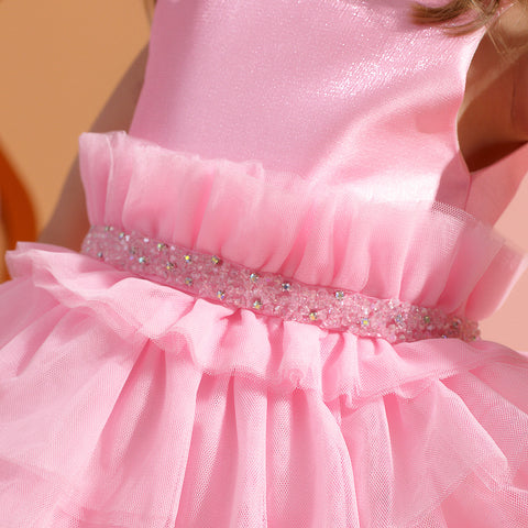Vestido de Festa Petit Cherie Candy com Tule Babados Strass Rosa - 1 a 6 Anos - detalhe do vestido na menina