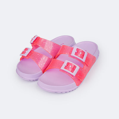 Chinelo Birken Infantil Pampili Fun Glee com Fivela e Glitter Rosa e Lilás - chinelo infantil feminino com glitter