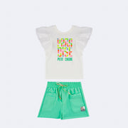 Conjunto Kids Petit Cherie Paradise com Bordado e Strass Branco e Verde - 3 a 6 Anos - frente do conjunto camiseta e short