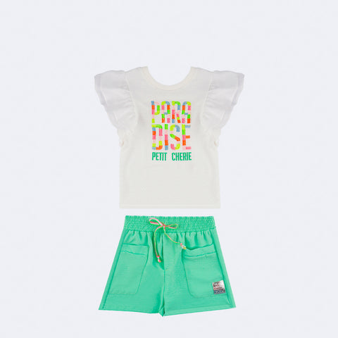 Conjunto Kids Petit Cherie Paradise com Bordado e Strass Branco e Verde - 3 a 6 Anos - frente do conjunto camiseta e short