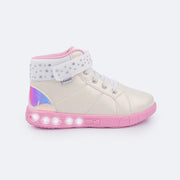 Tênis de Led Cano Médio Infantil Pampili Sneaker Luz Perolado Branco - lateral tênis cano médio