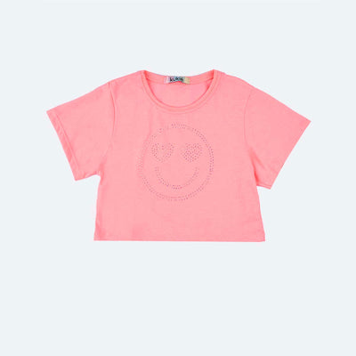 Cropped Infantil Kukiê Emoji Coração Strass Rosa Neon - frente do cropped infantil rosa