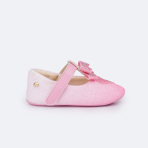 Sapato de Bebê Pampili Nina Momentos Especiais Laço e Coração Strass Degradê Rosa Bale - lateral sapato de bebê de velcro