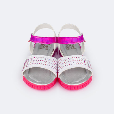 Sandália Papete Infantil Candy Glitter e Strass Branca e Pink - frente sandália infantil feminina