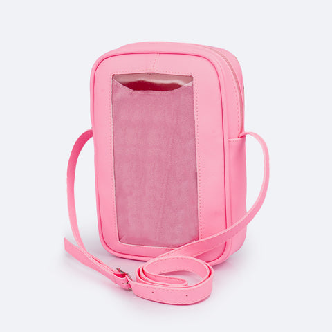 Bolsa Infantil Pampili Glitter Porta Celular Rosa Neon Luz - traseira da bolsa com porta celular