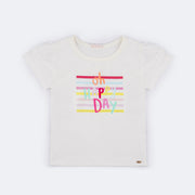 Camiseta Infantil Pampili Cetim Estampa Colorida e Strass Off White  - frente da camiseta 