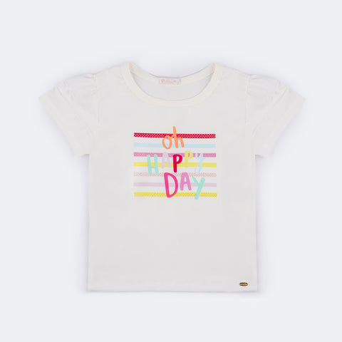 Camiseta Infantil Pampili Cetim Estampa Colorida e Strass Off White  - frente da camiseta 