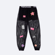 Calça Jogger Infantil Perfumaria Tela e Patches Preta  - frente da calça de tela