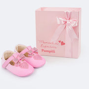 Sapato de Bebê Pampili Nina Momentos Especiais Laço e Coração Strass Degradê Rosa Bale - sapato de bebê com glitter