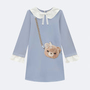 Vestido Infantil Infanti Manga Longa Urso Strass Azul Claro - frente vestido inverno menina