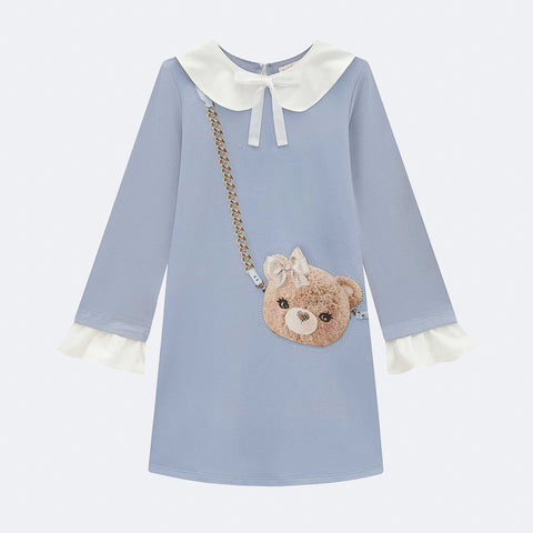 Vestido Infantil Infanti Manga Longa Urso Strass Azul Claro - frente vestido infantil inverno