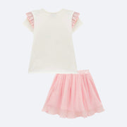 Conjunto Infantil Kukiê Blusa Strass e Saia Tule Branca e Rosa  - costas co conjunto menina camiseta e saia tule