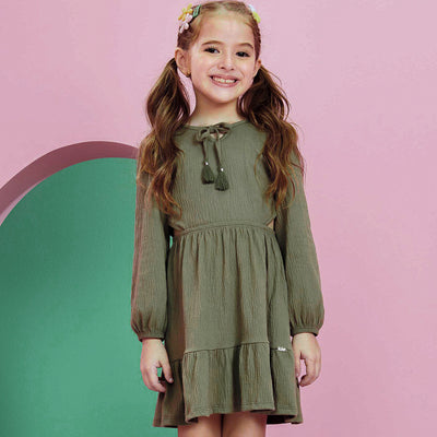 Vestido Infantil Kukiê Textura e Pompom Verde - frente vestido infantil manga longa