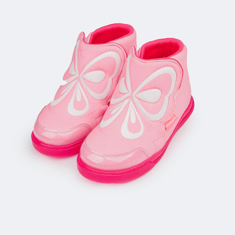 Tênis Infantil Feminino Pampili Pom Pom Eco Amigável Borboleta Rosa Neon - frente do tênis infantil