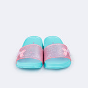 Chinelo Infantil Pampili Fun Glee Sereia Glitter Rosa e Azul - frente do chinelo com glitter 