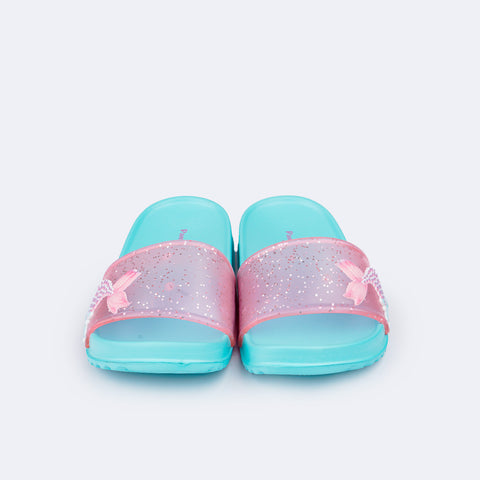 Chinelo Infantil Pampili Fun Glee Sereia Glitter Rosa e Azul - frente do chinelo com glitter 