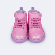 Tênis de Led Cano Médio Infantil Pampili Sneaker Luz Glitter Degradê Rosa - frente do tênis com elástico e velcro