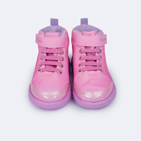 Tênis de Led Cano Médio Infantil Pampili Sneaker Luz Glitter Degradê Rosa - frente do tênis com elástico e velcro