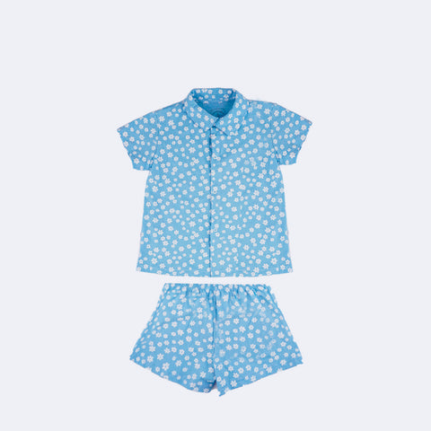 Pijama Pré-Adolescente Cara de Criança Camisa com Botão Flores Azul - 10 a 14 Anos - frente do pijama feminino