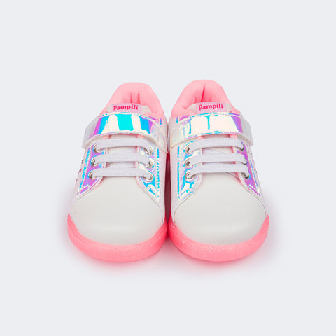 Tênis de Led Infantil Pampili Sneaker Seja Luz Glitter Strass Branco e Rosa Neon - frente do tênis de elástico e velcro 