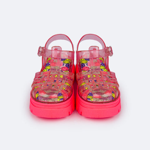 Sandália Infantil Lyra Glee Tratorada Transparente Rosa e Colorida - frente da sandália transparente