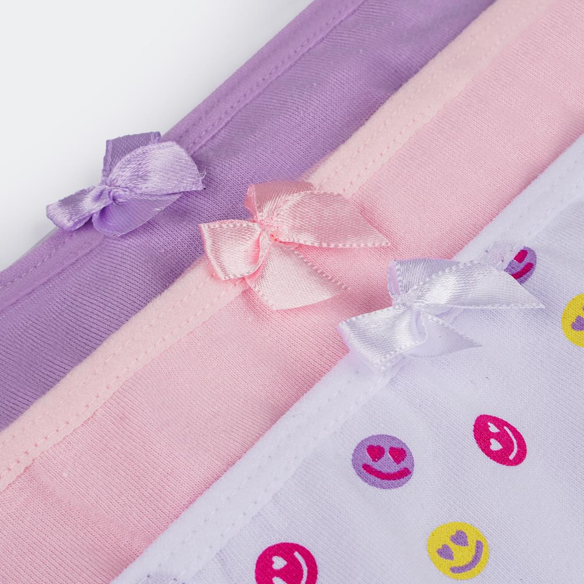 Kit Calcinha Infantil Pampili Sortidas Strass Coração e Emoji Branca Rosa e Lilás - calcinha com lacinho