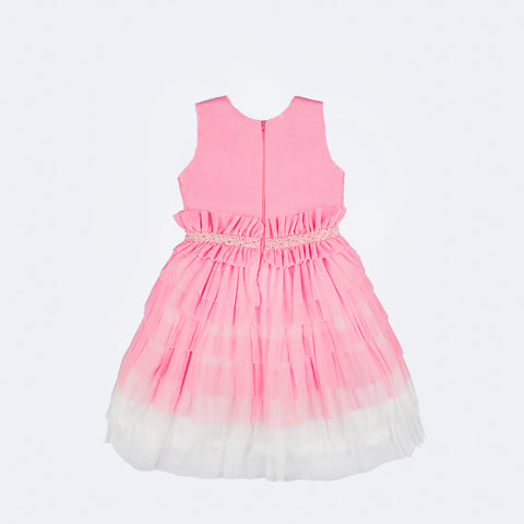 Vestido de Festa Petit Cherie Candy com Tule Babados Strass Rosa - 1 a 6 Anos - costas do vestido com tule