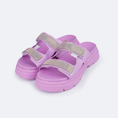 Sandália Infantil Pampili Anny Birken Tratorada com Strass Lilás - frente da sandália com strass