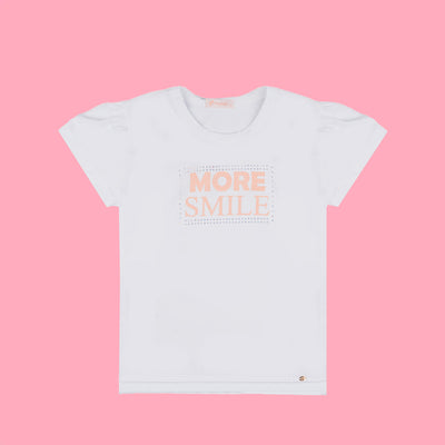 Camiseta Infantil Pampili More Smile Pedras Strass Branca - frente da camiseta estampada