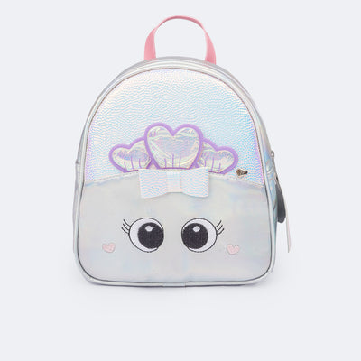 Bolsa Mochila Infantil Pampili Sereia Holográfica Prata - frente da bolsa infantil feminina