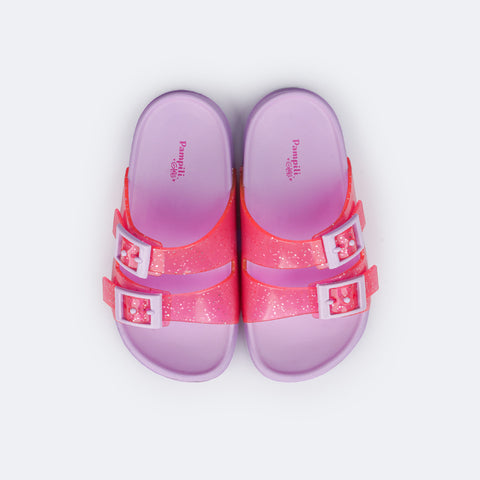 Chinelo Birken Infantil Pampili Fun Glee com Fivela e Glitter Rosa e Lilás - parte superior fácil de limpar e de secar