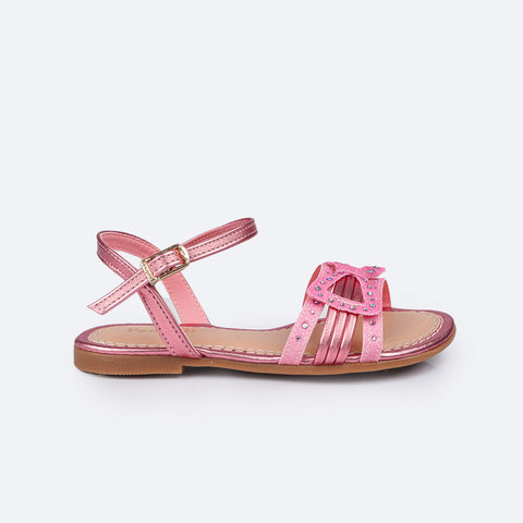 Sandália Infantil Pampili Cherrie Laço Brilho Strass Rosa - lateral com fivela sem pino