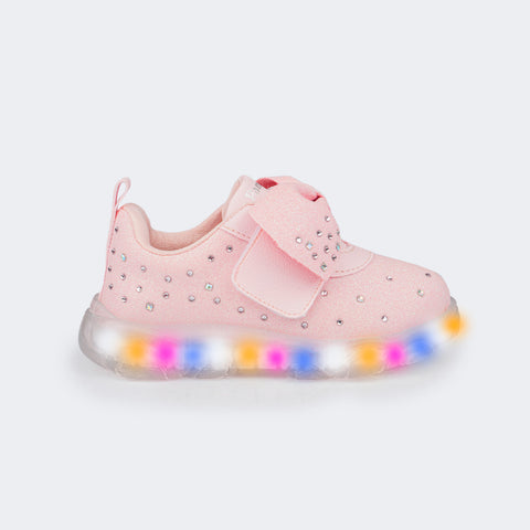 Tênis de Led Infantil Pampili Liz Luz Laço Glitter Strass Rosa Bebê  - lateral do tênis de glitter