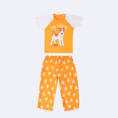 Pijama Infantil Cara de Criança Capri Fox Terrier Amarelo e Branco - 10 Anos - frente do pijama